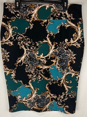 EUC THALIA SODI Womens Baroque Lace Print Teal Gold Pencil Skirt Size XL